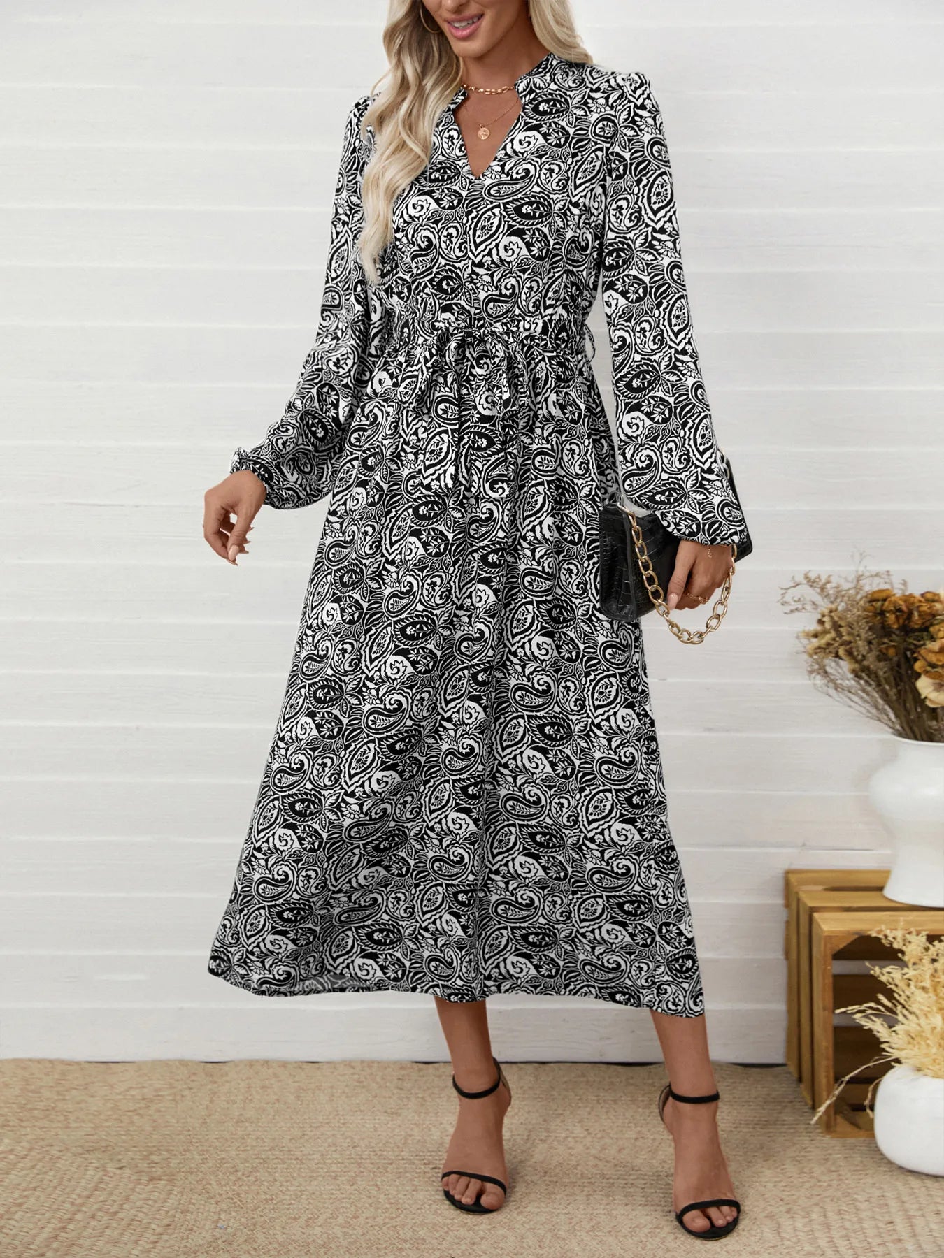 Paisley Print Long Sleeve Midi Dress