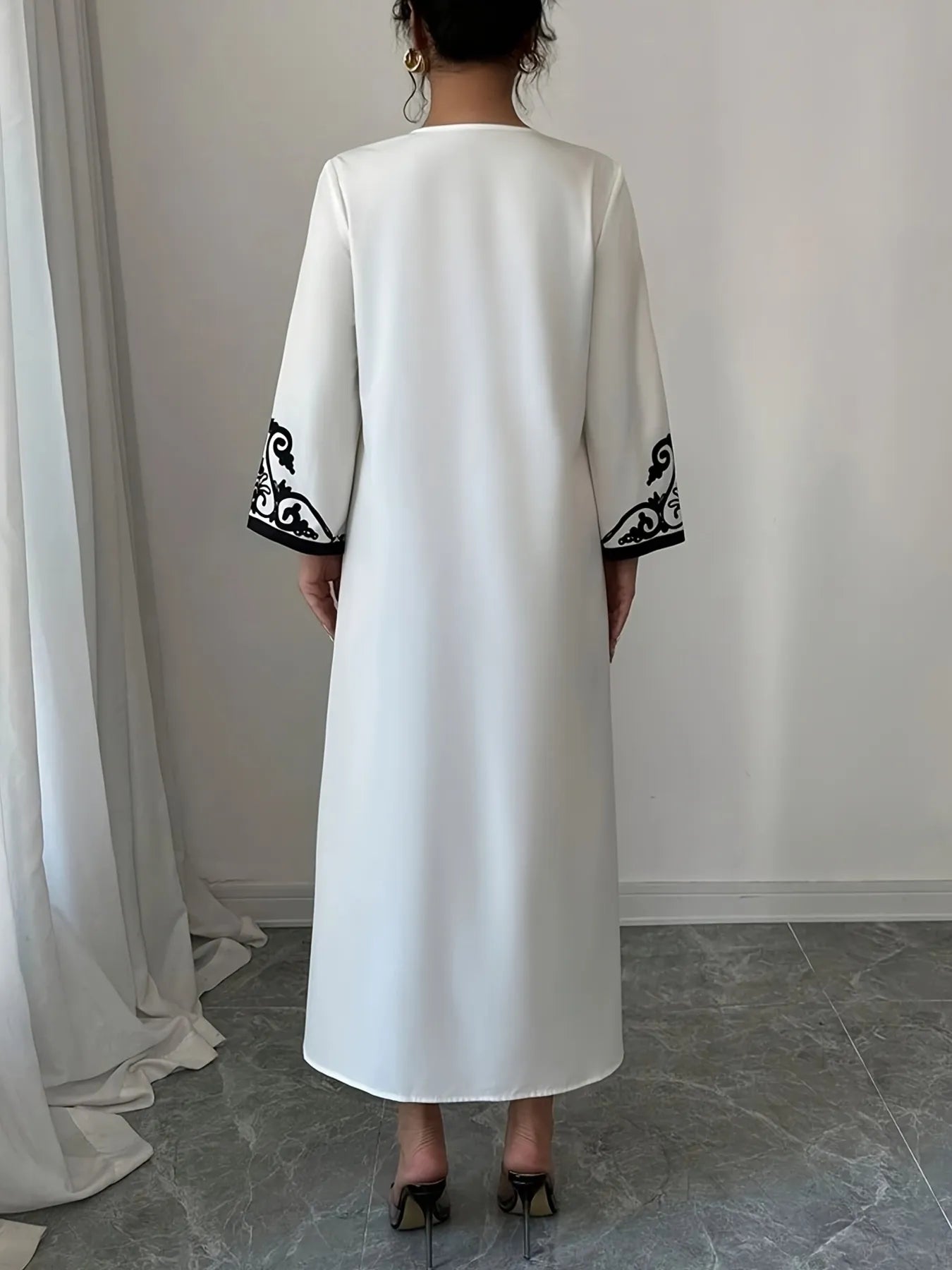 Printed Notched Long Sleeve Midi Dress