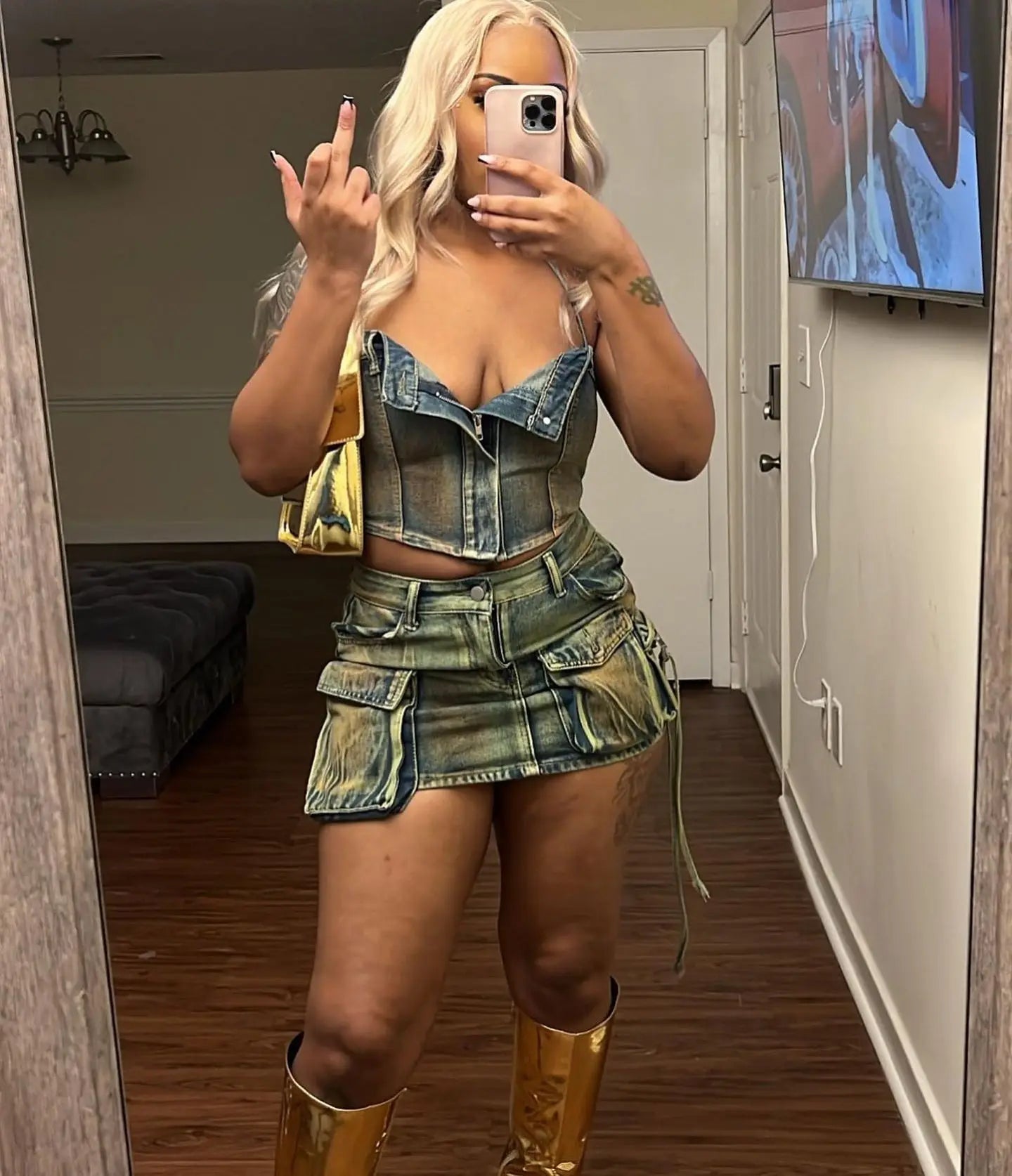 Summer Stretch Denim Strapless Two 2 Piece Sets Women Off Shoulder Sleeveless Tops and Jeans Skirts Birthday Club Cowboy Outfits
