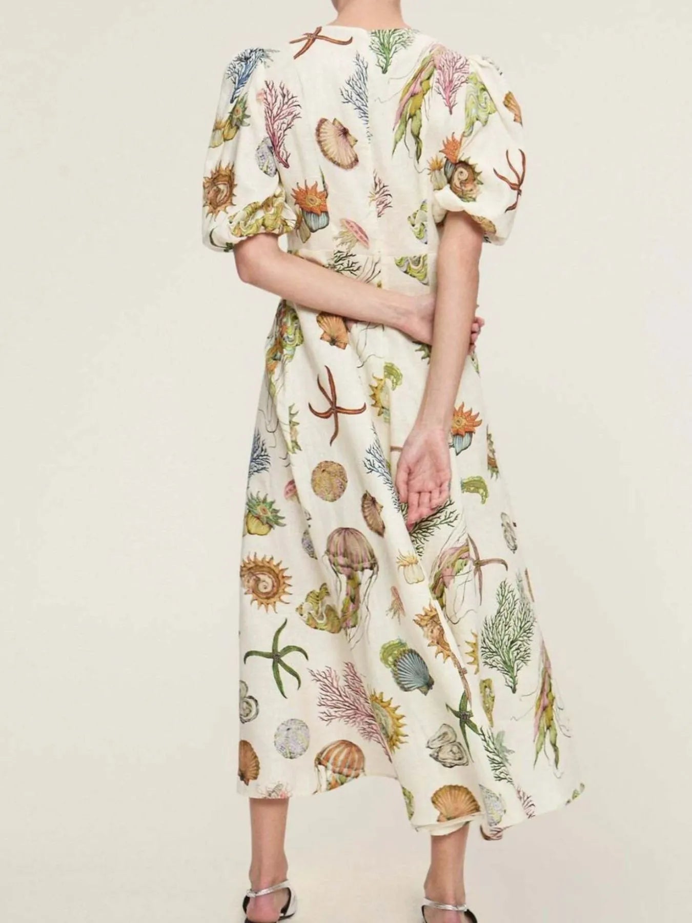 Printed Round Neck Puff Sleeve Dress