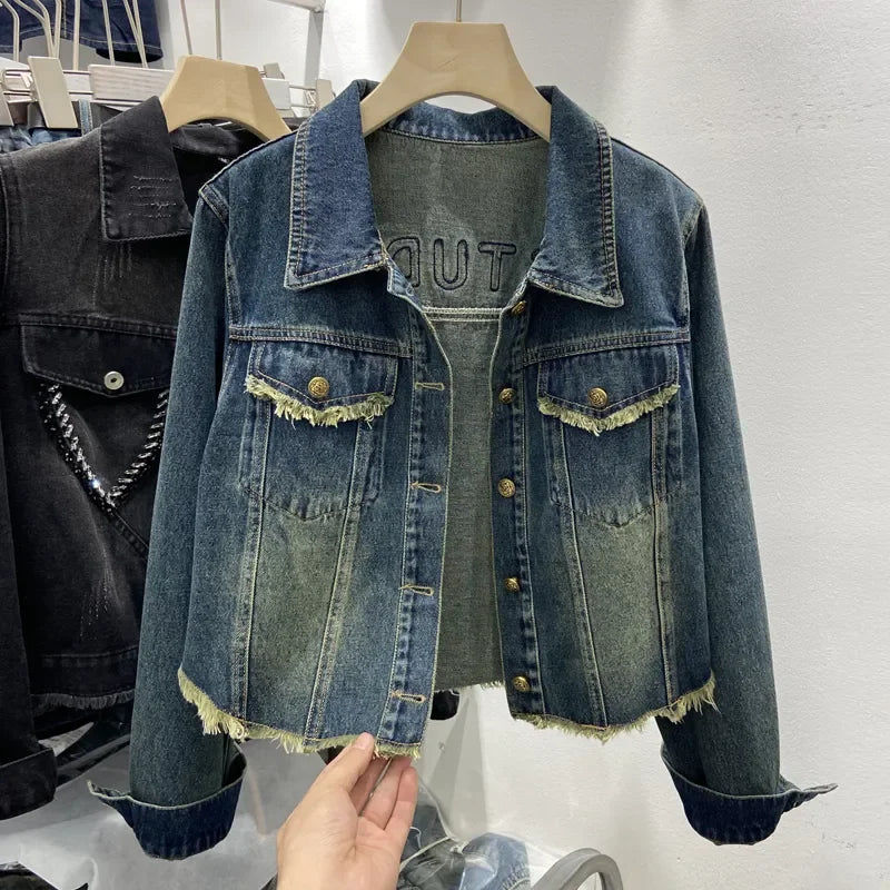 Blue Denim Top Women Autumn Classic Style Short Coat New Korean Fashion Chic Pockets O-Neck Female Ropa De Mujer Loose Jackets
