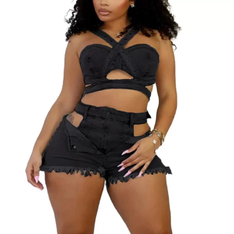 Sexy Jean 2 Piece Sets Women Outfit Summer Clothes Women 2024 Strapless Hollow Out Vest Top + Shorts Sets Street Denim Woman Set