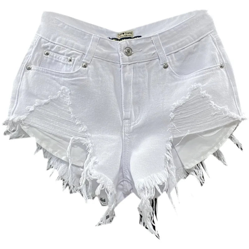 Fashion Korean White Jeans Hole Ripped Low Waist Denim Shorts Women шорты женский