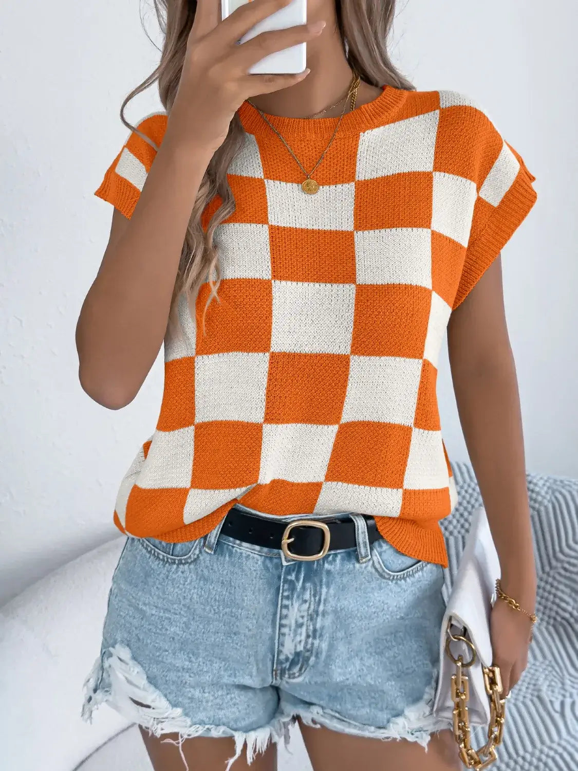 Checkered Round Neck Cap Sleeve Knit Top For Women Casual