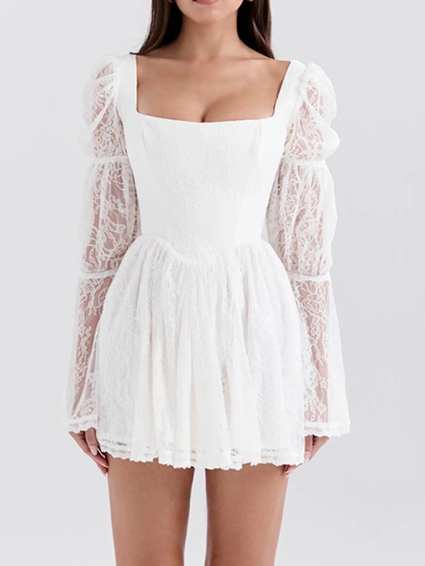 Square Neck Lace Long Sleeve Dress