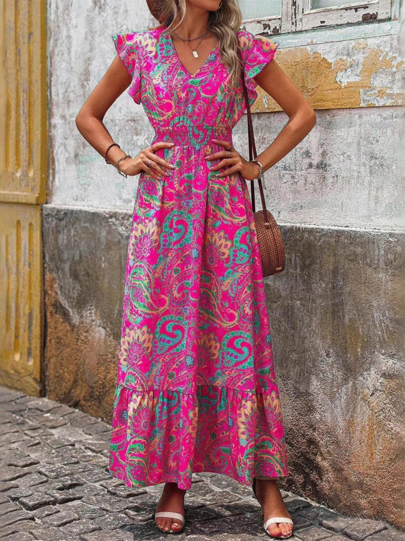 Printed V-Neck Ruffled Cap Sleeve Maxi Dress