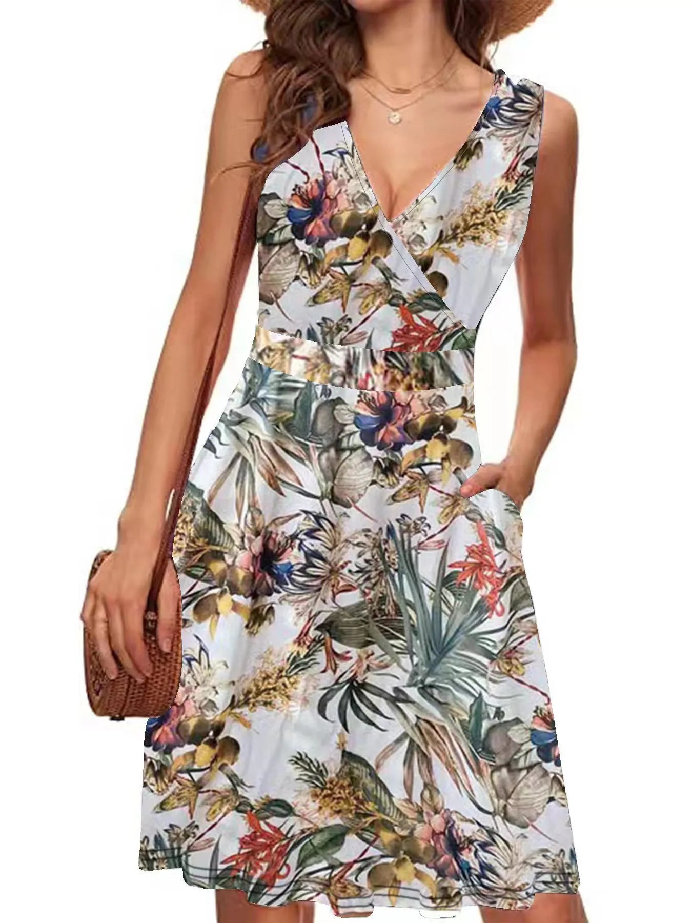 Printed Surplice Sleeveless Dress