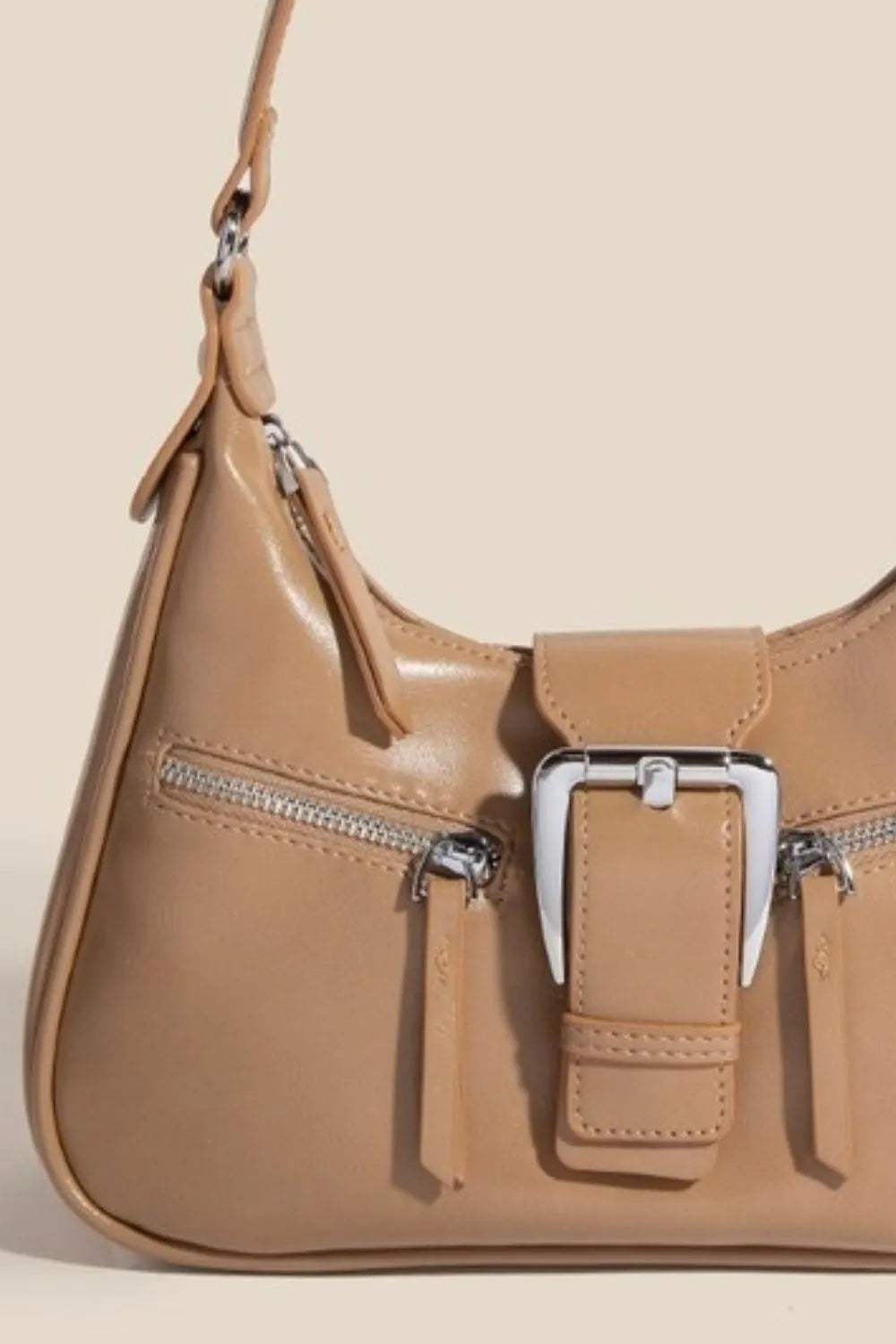 Fame Large Buckle Triple Zipper Leather Handbag Tan