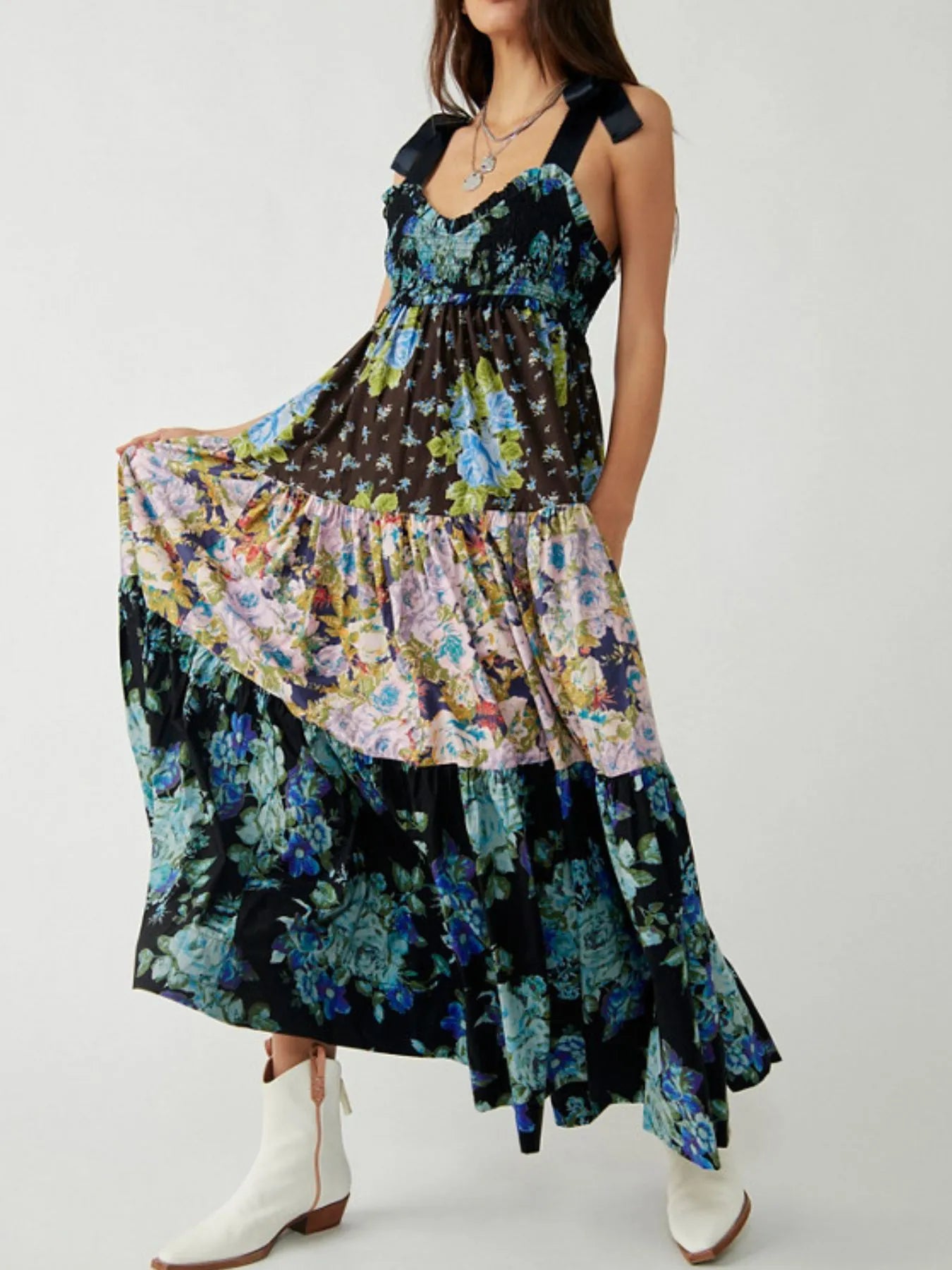 Smocked Printed Tie Shoulder Maxi Dress