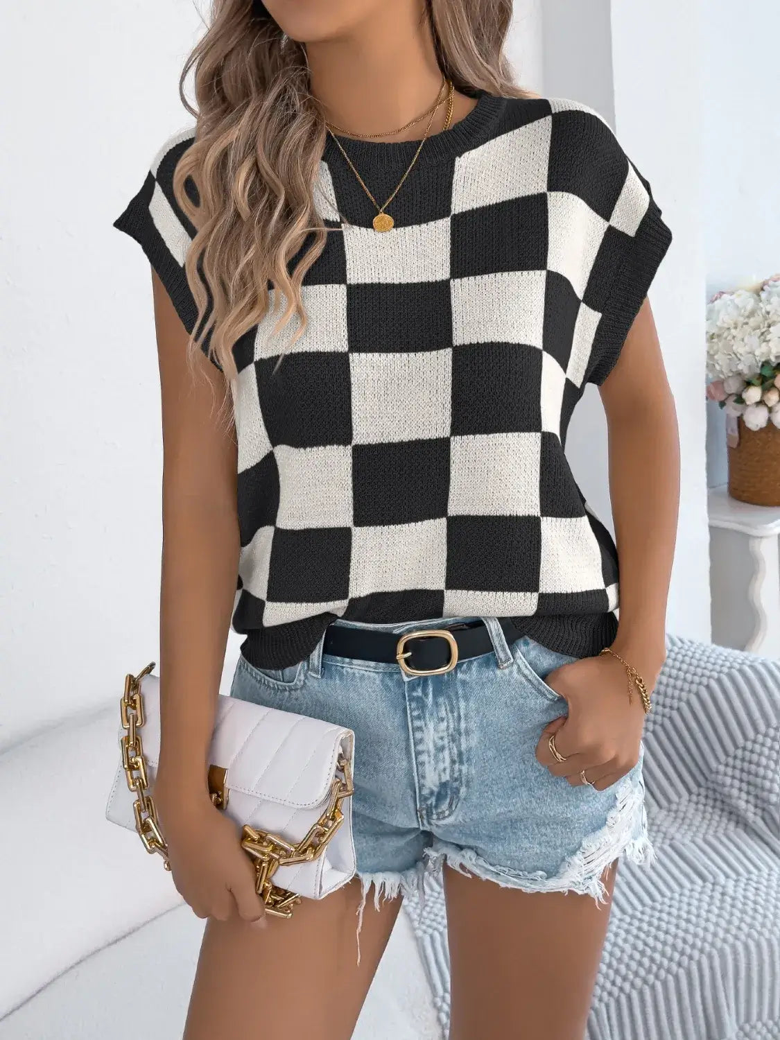 Checkered Round Neck Cap Sleeve Knit Top For Women Casual
