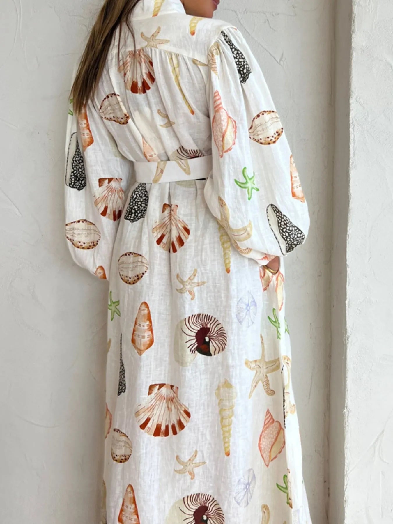 Printed Balloon Sleeve Maxi Shirt Dress