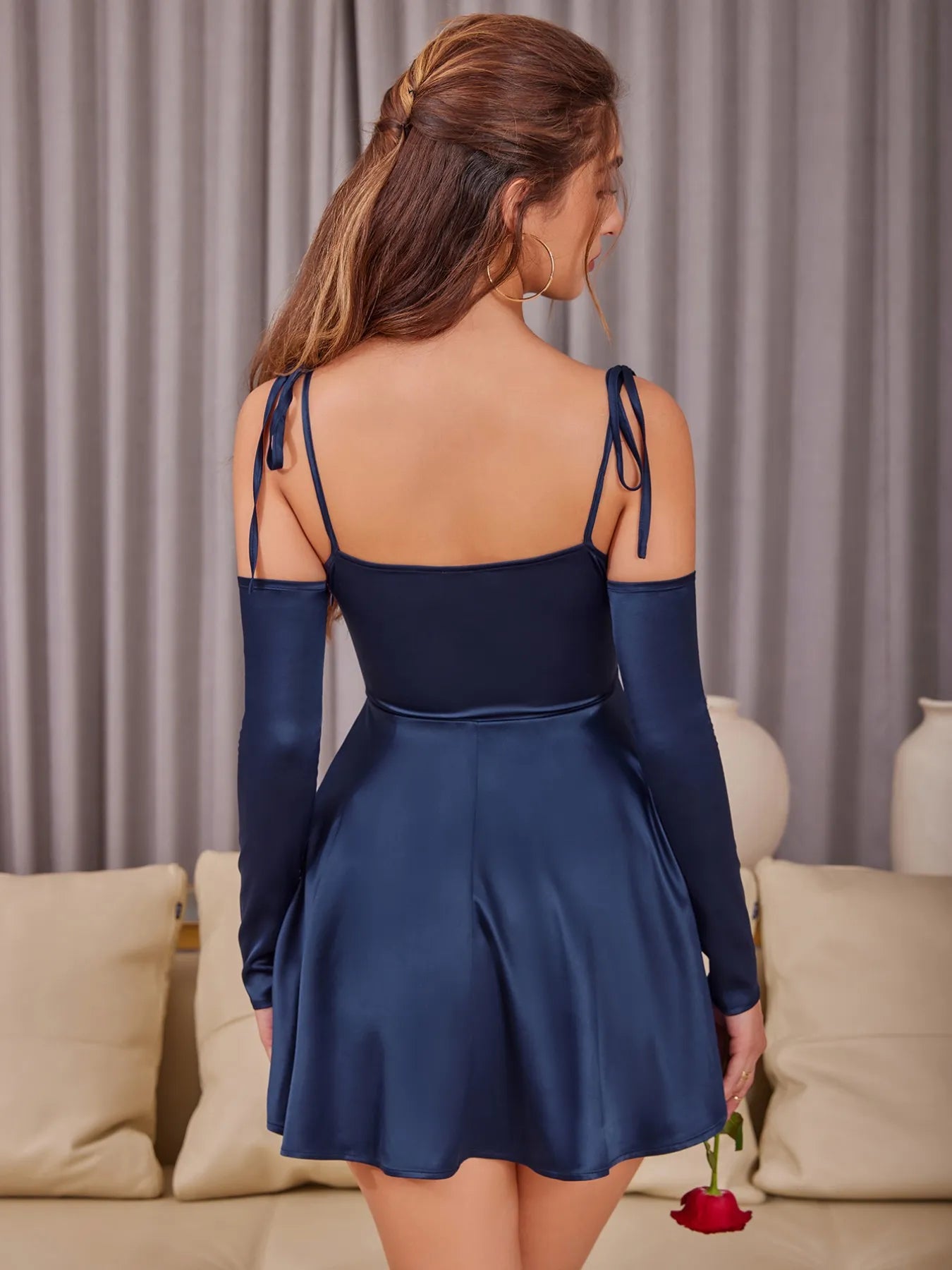 Asymmetrical Ruffle Hem Tie Shoulder Mini Dress