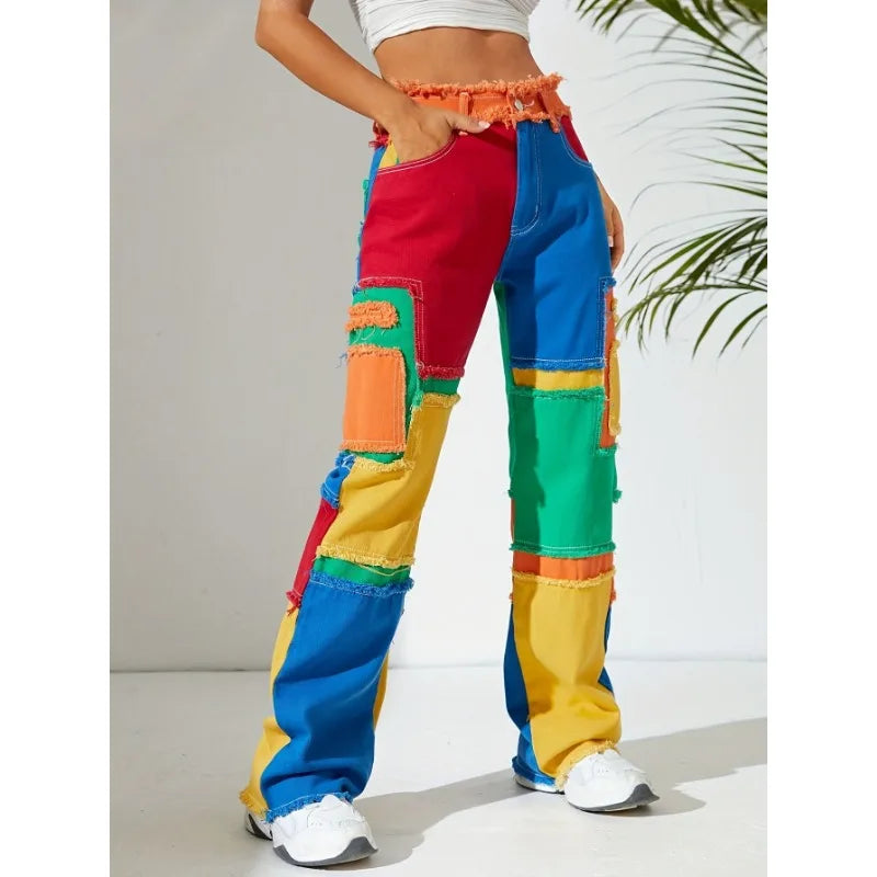 Distressed Color Patchwork Women Denim Pants Fringe High Waist Zipper Fly Jeans 2023 Fall Winter Y2K Streetwear Sexy Club Outfit