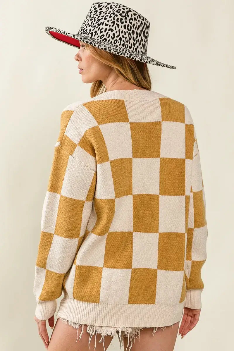 BiBi Checkered V Neck Cardigan Mustard Cream Pattern