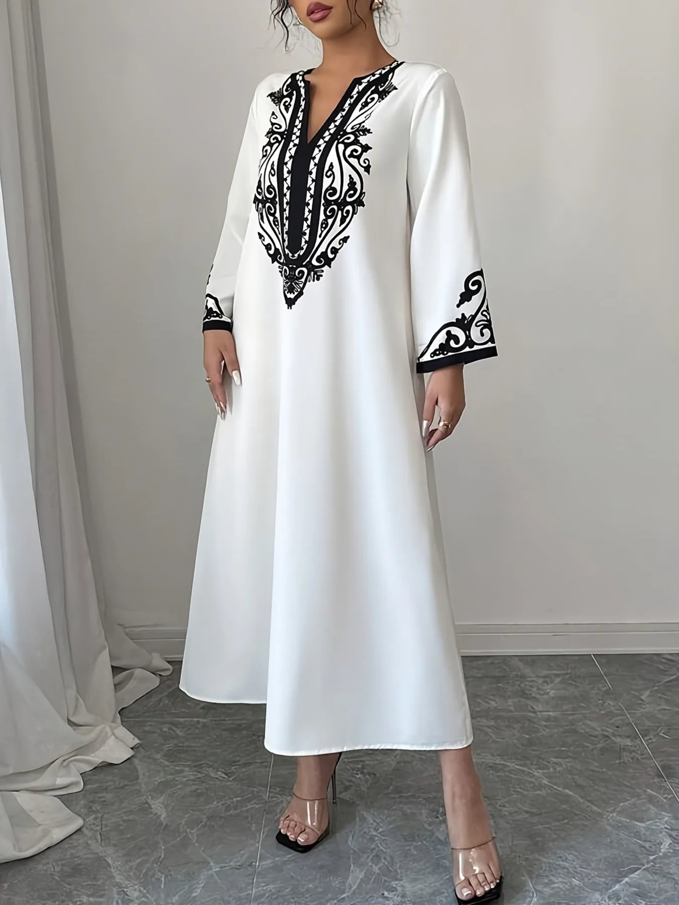 Printed Notched Long Sleeve Midi Dress