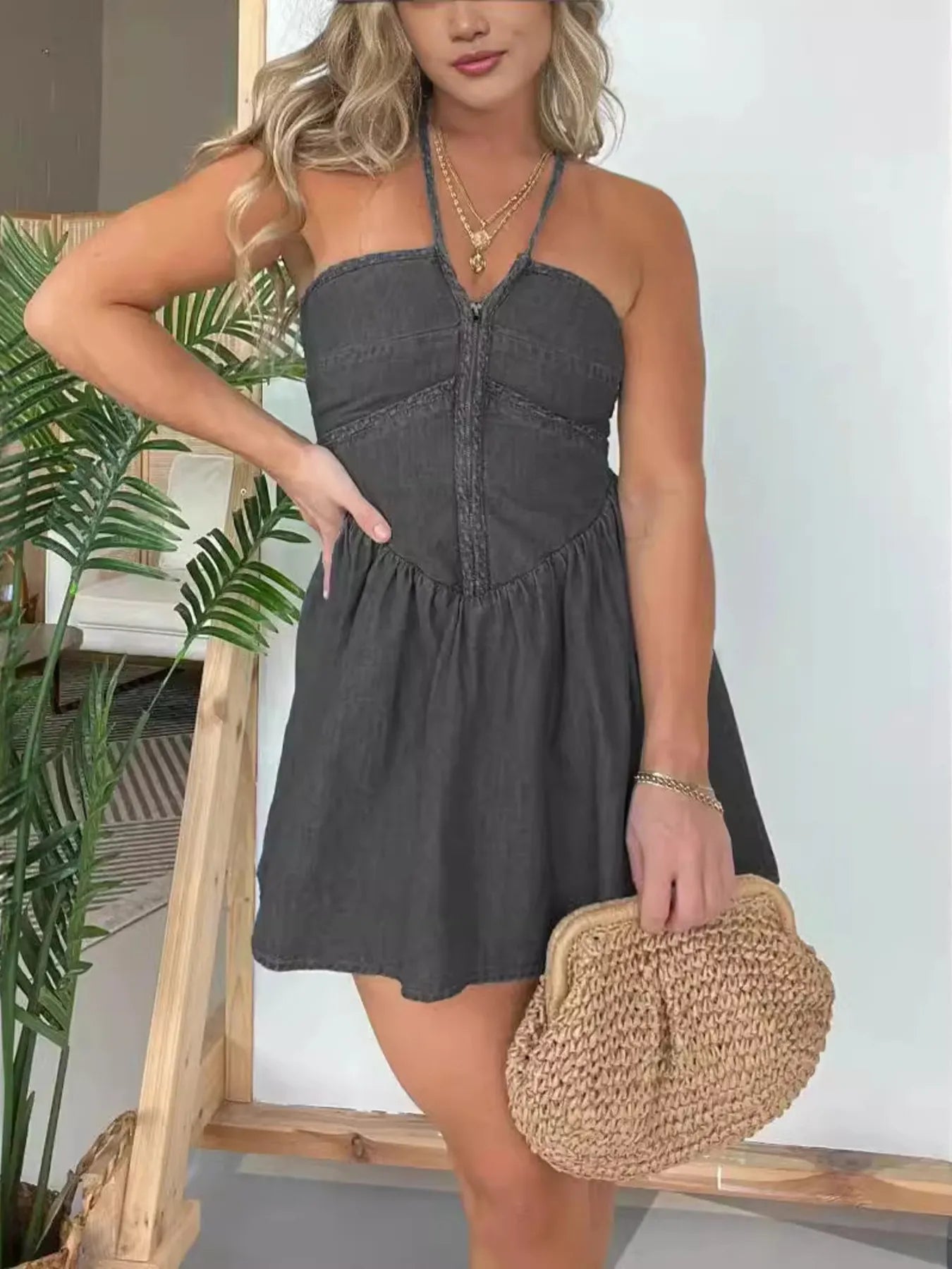 Lace Up Halter Neck Denim Dress Plus Size