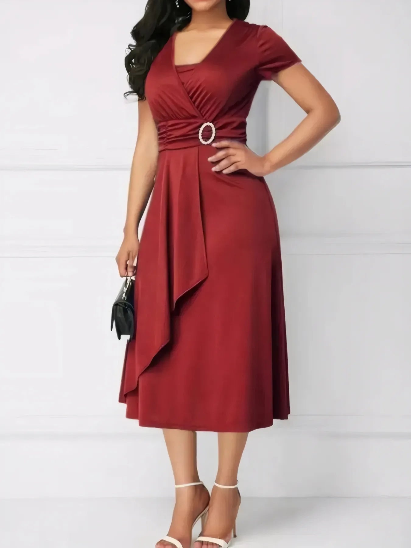 Short Sleeve Midi Wrap Dress with Belt Detail