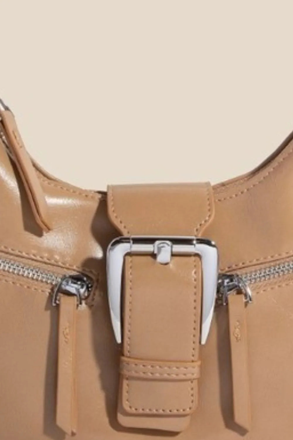 Fame Large Buckle Triple Zipper Leather Handbag Tan