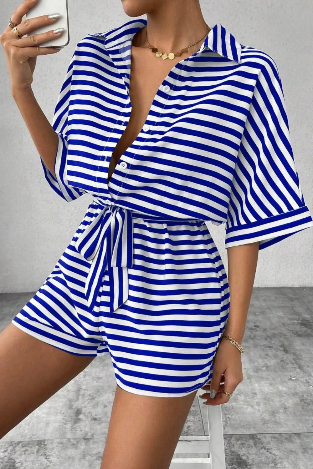 Striped Collared Neck Tie Waist Romper