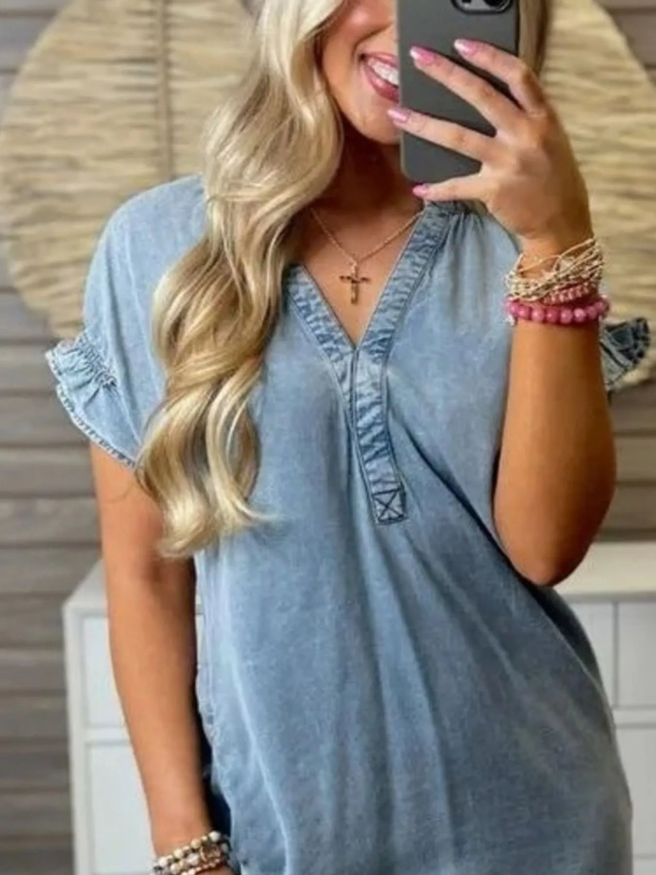 V-Neck Short Sleeve Denim Dress Plus Size