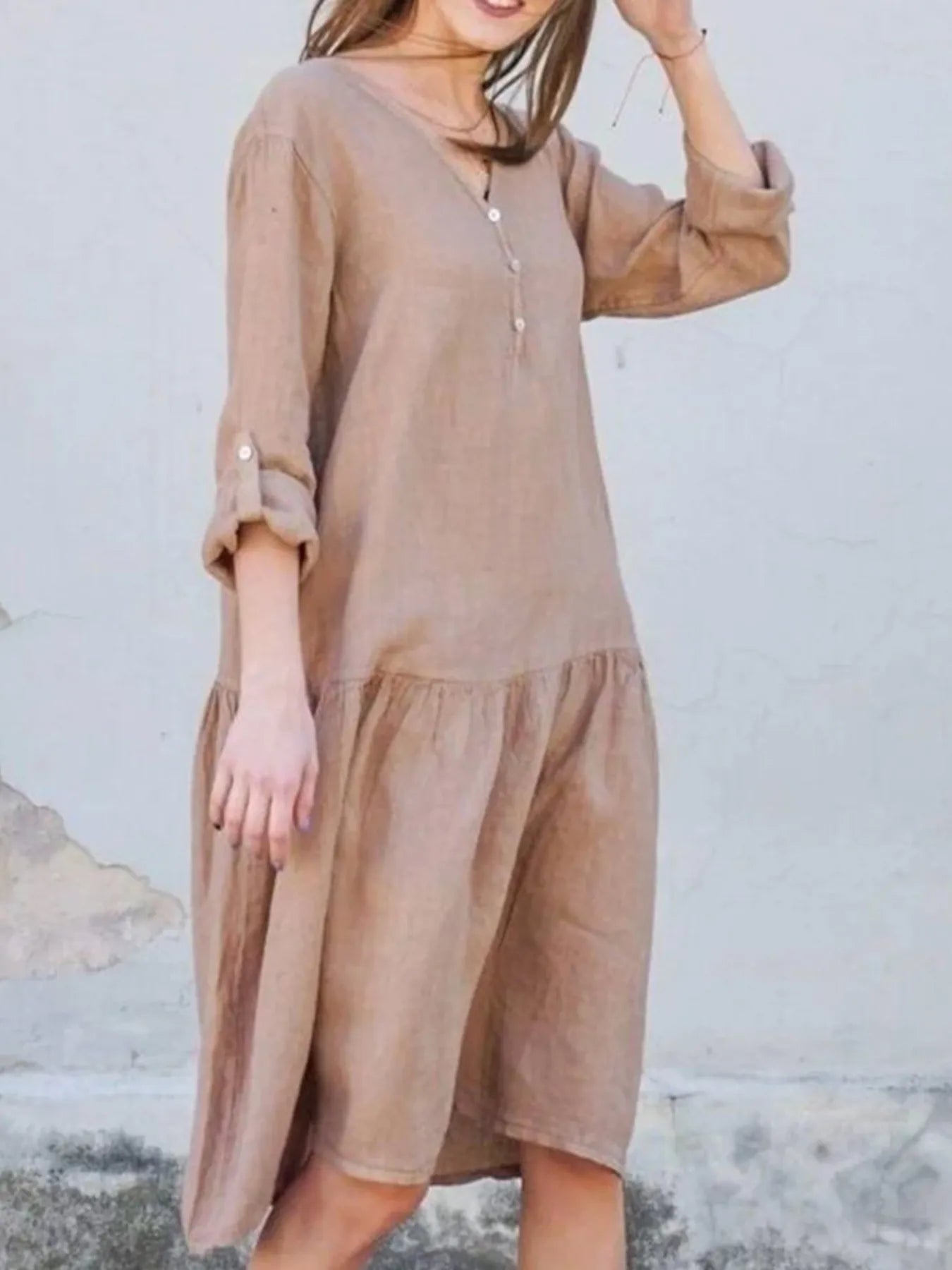 V-Neck Tiered Button Front Dress