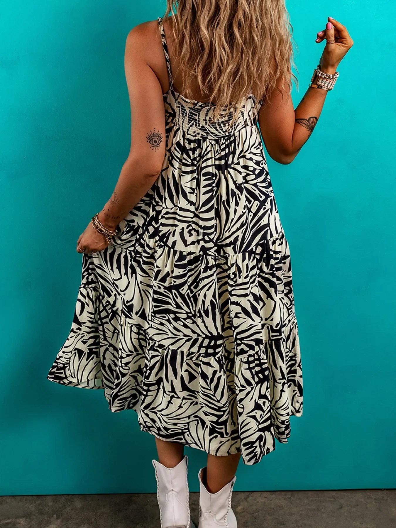 Palm Print Wrapped Spaghetti Straps Tiered Dress