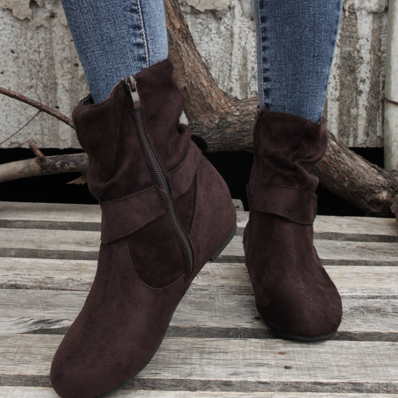 Ankle Boots Round Toe Buckle Belt Side Zipper Boots