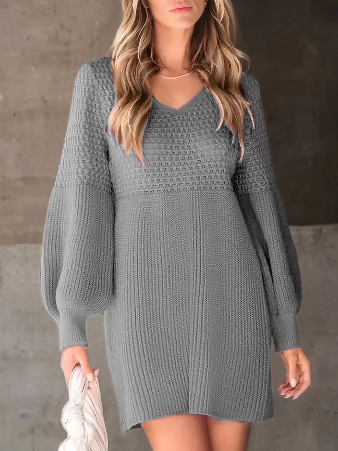 Texture V-Neck Lantern Sleeve Sweater Dress