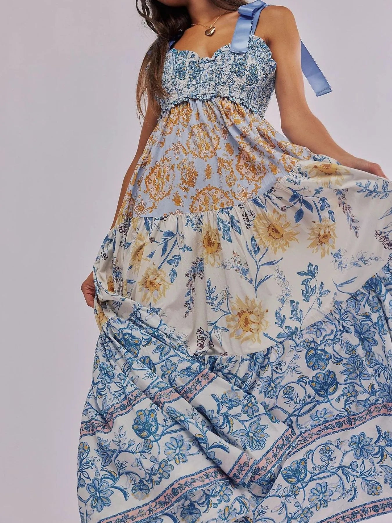 Smocked Printed Tie Shoulder Maxi Dress