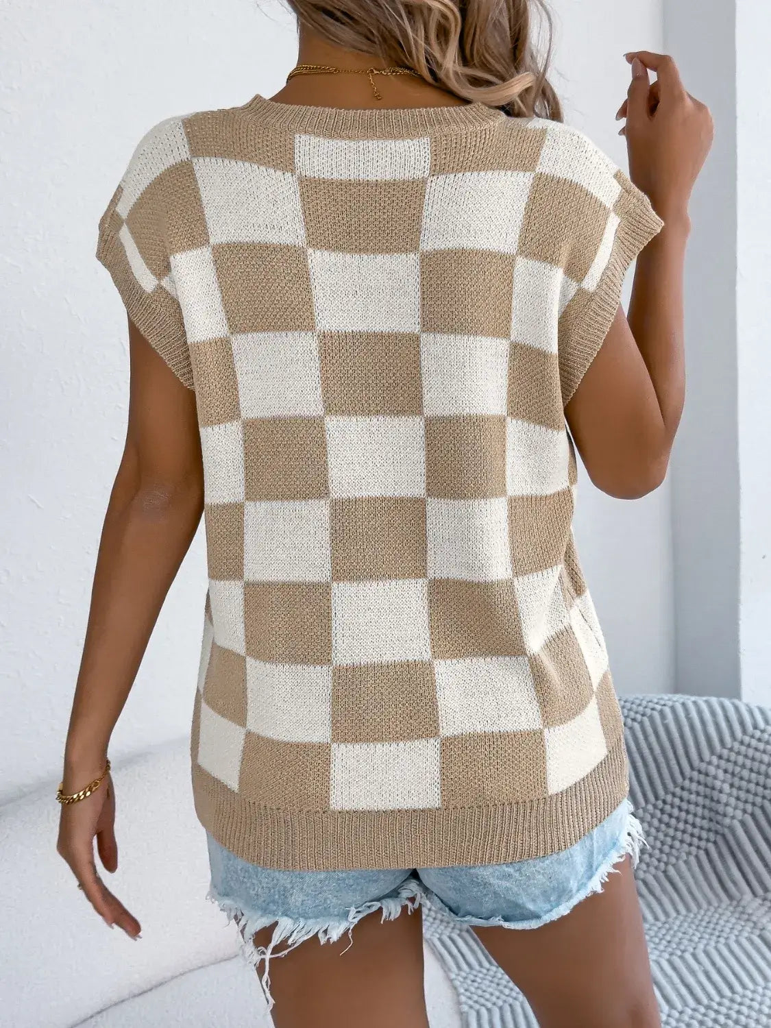 Checkered Round Neck Cap Sleeve Knit Top For Women Casual