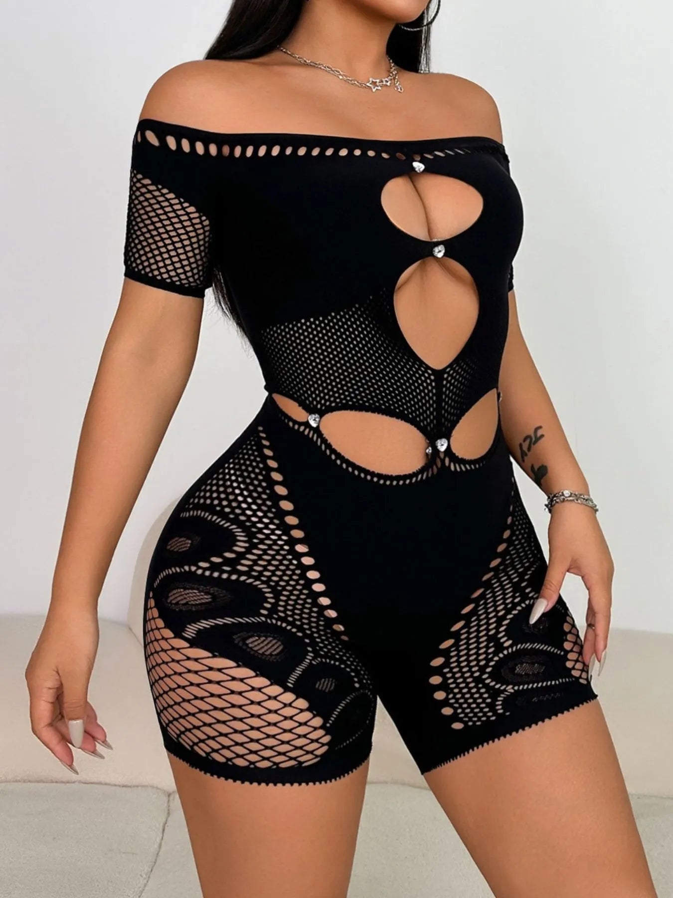 Cutout Off Shoulder Fishing Net Romper