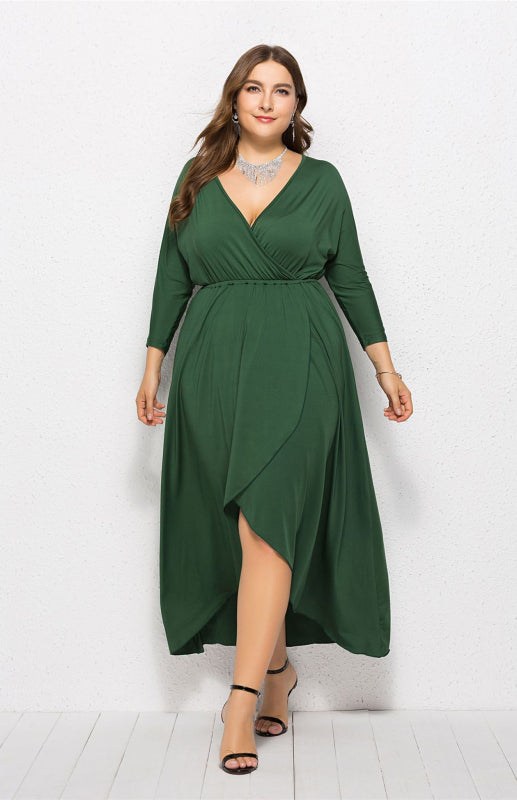Plus Size Deep V Dress - Three Quarter Sleeve Knit Dress