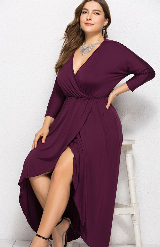 Plus Size Deep V Dress - Three Quarter Sleeve Knit Dress