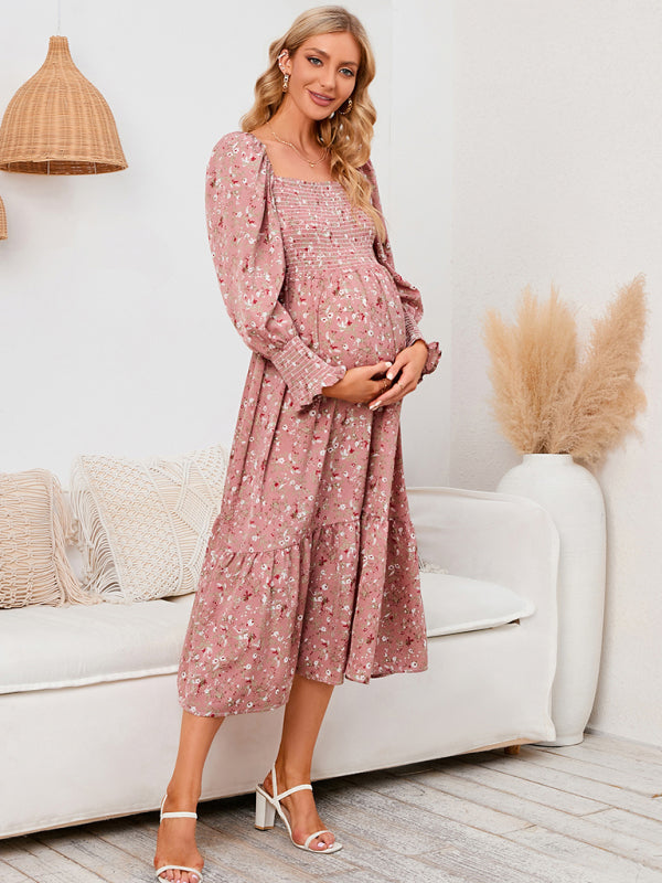 Chiffon Floral Dress - Long Sleeve Polyester Dress for Women