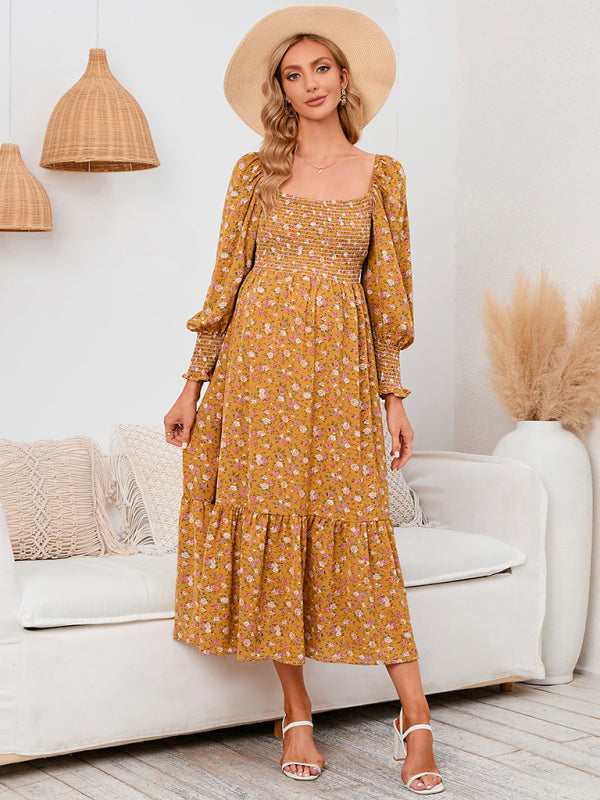 Chiffon Floral Dress - Long Sleeve Polyester Dress for Women
