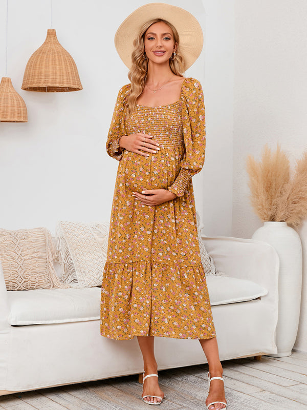 Chiffon Floral Dress - Long Sleeve Polyester Dress for Women