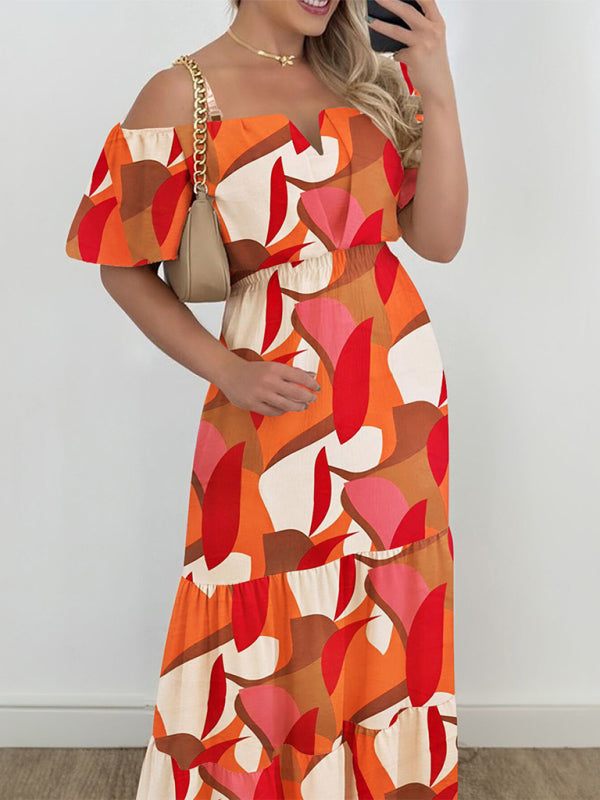 One Shoulder High Waist Contrast Color Dress - Orange Summer Dress