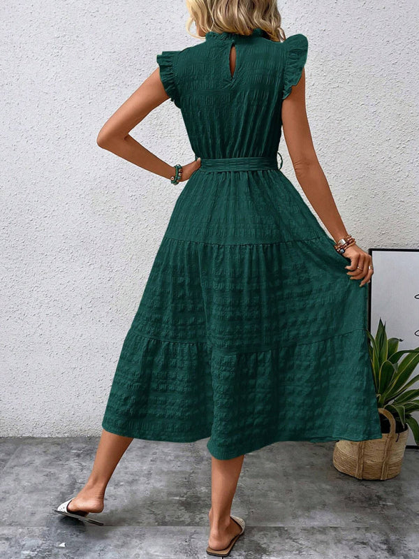 Ruffled Flying Sleeve Lace-Up Textured Dress - Spring Summer Fashion