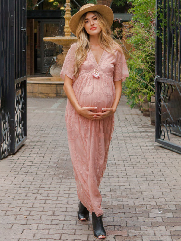 Maternity Lace Dress - Short Sleeve V-Neck High Waist Dress
