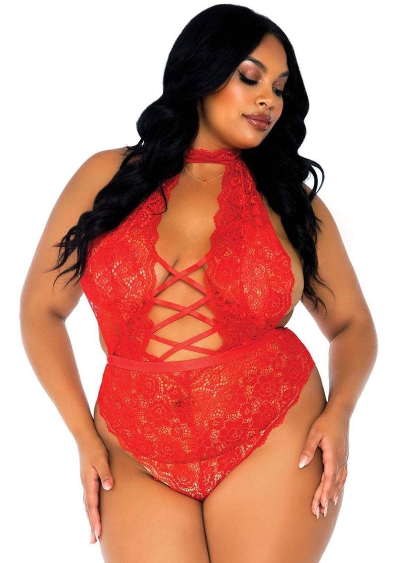 High Neck Floral Lace Backless Teddy