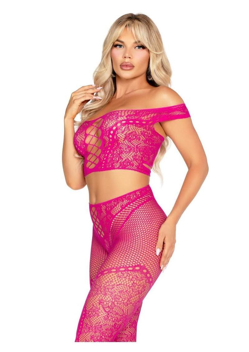 Net With Lace Off Shoulder Crop Top And Footless Tights Set