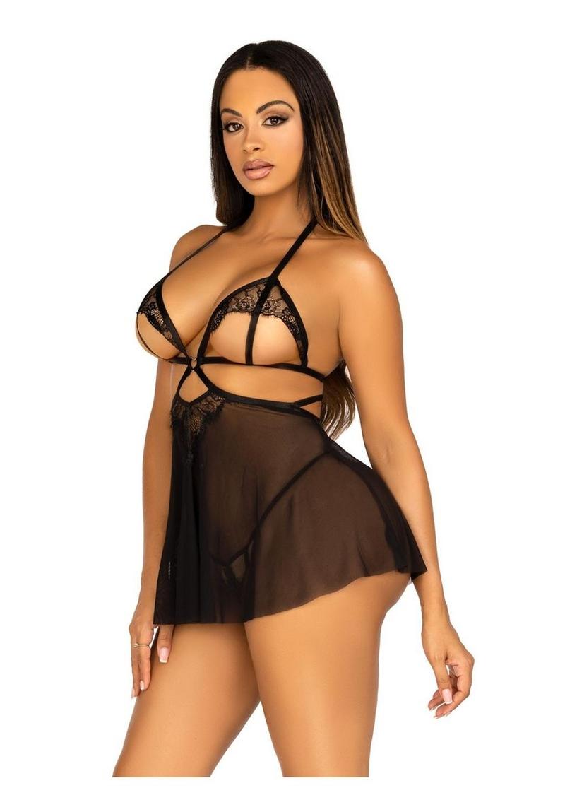 Open Cup Eyelash Lace and Mesh Babydoll with Heart Ring Accent