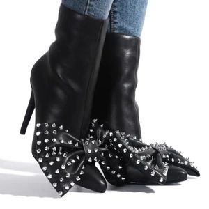 Chic Black Studded Bootie with Bow Tie Detail – Stylish & Comfortable Footwear for Any Occasion