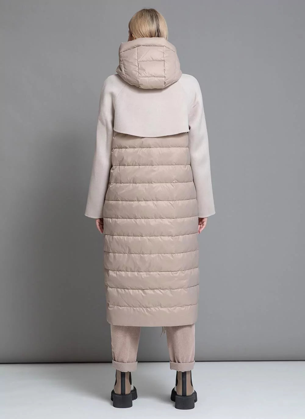 Manteau en laine et duvet Kennedy à franges de luxe beige