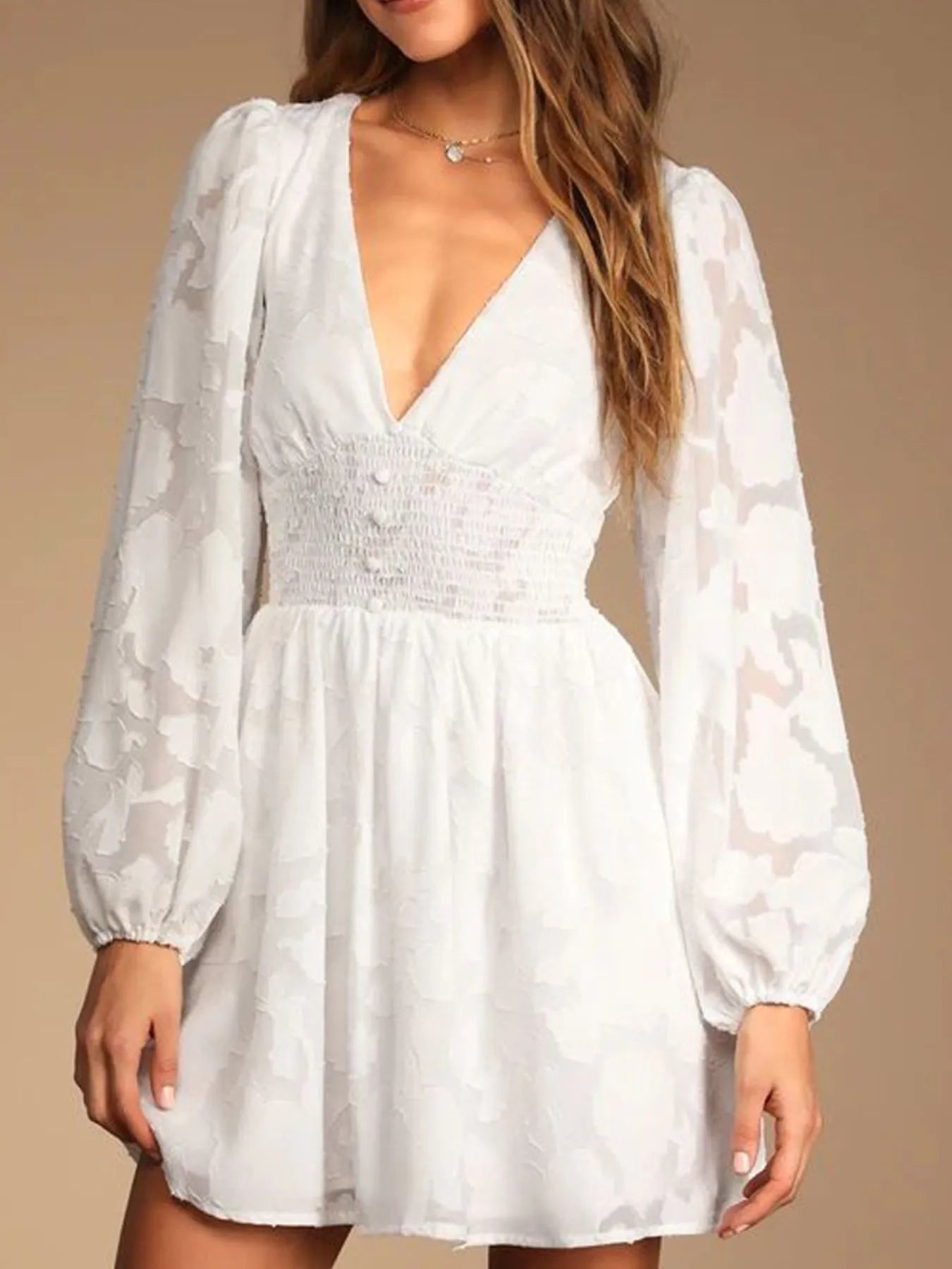 Smocked V-Neck Balloon Sleeve Dress