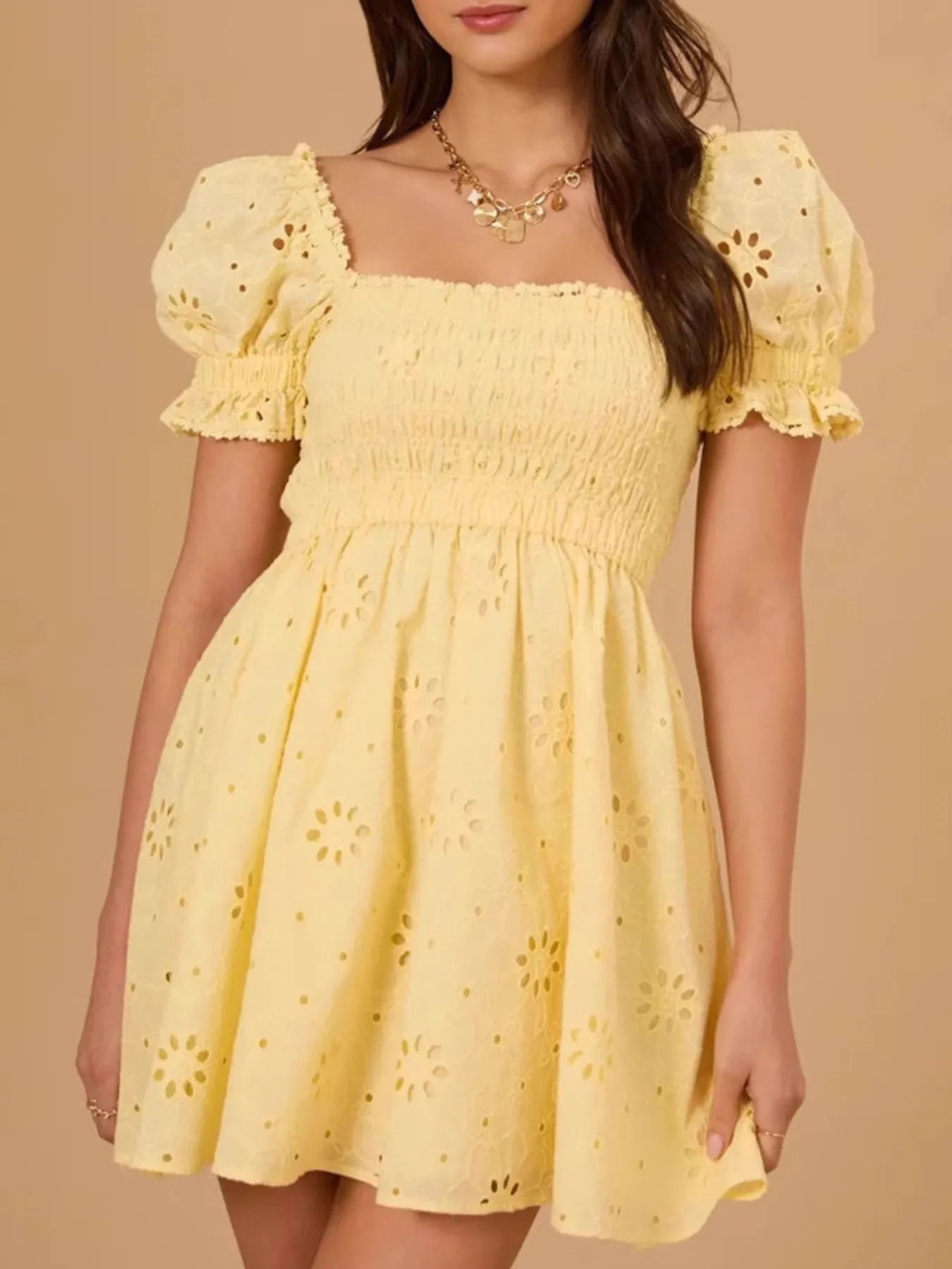 Eyelet Puff Sleeve Smocked Mini Dress