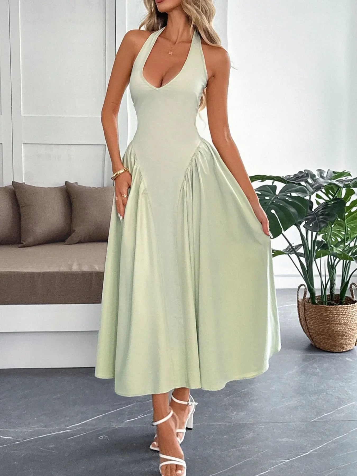 Halter Neck Ruched Midi Dress