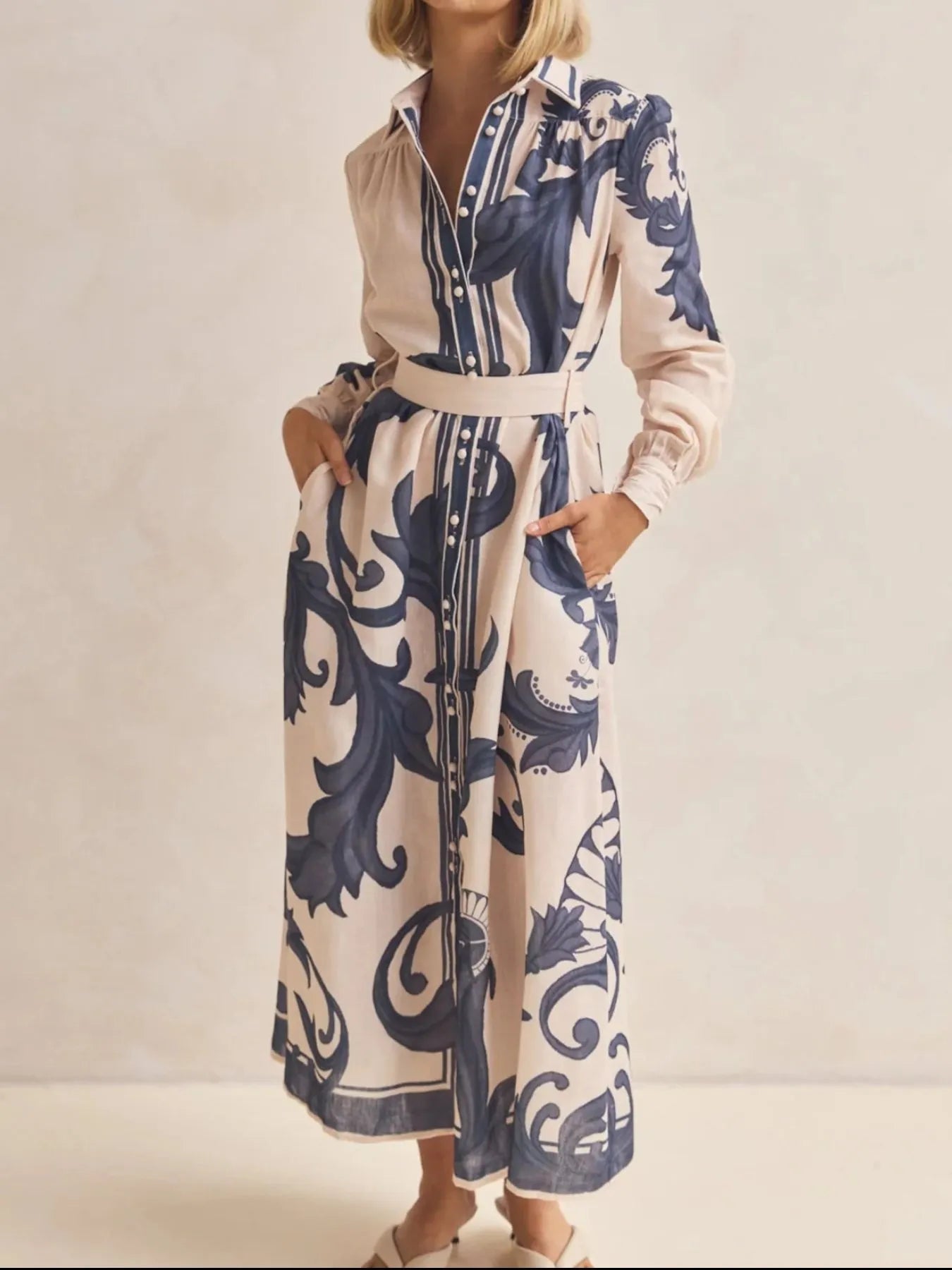Printed Button Down Belted Shirt Dress