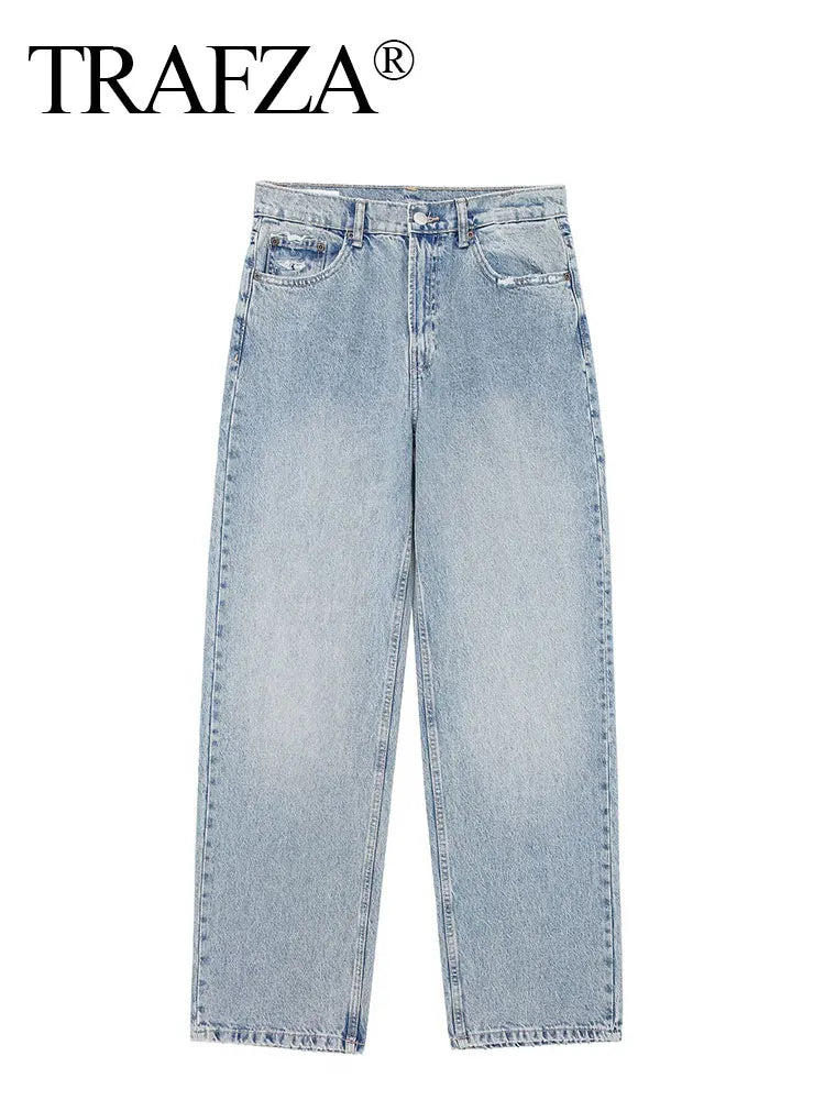 TRAFZA Jeans pour femmes 2024 Denim solide ample fermeture éclair braguette femme trou pantalon poches sauvage basique trajet femme jambe large pantalon long 