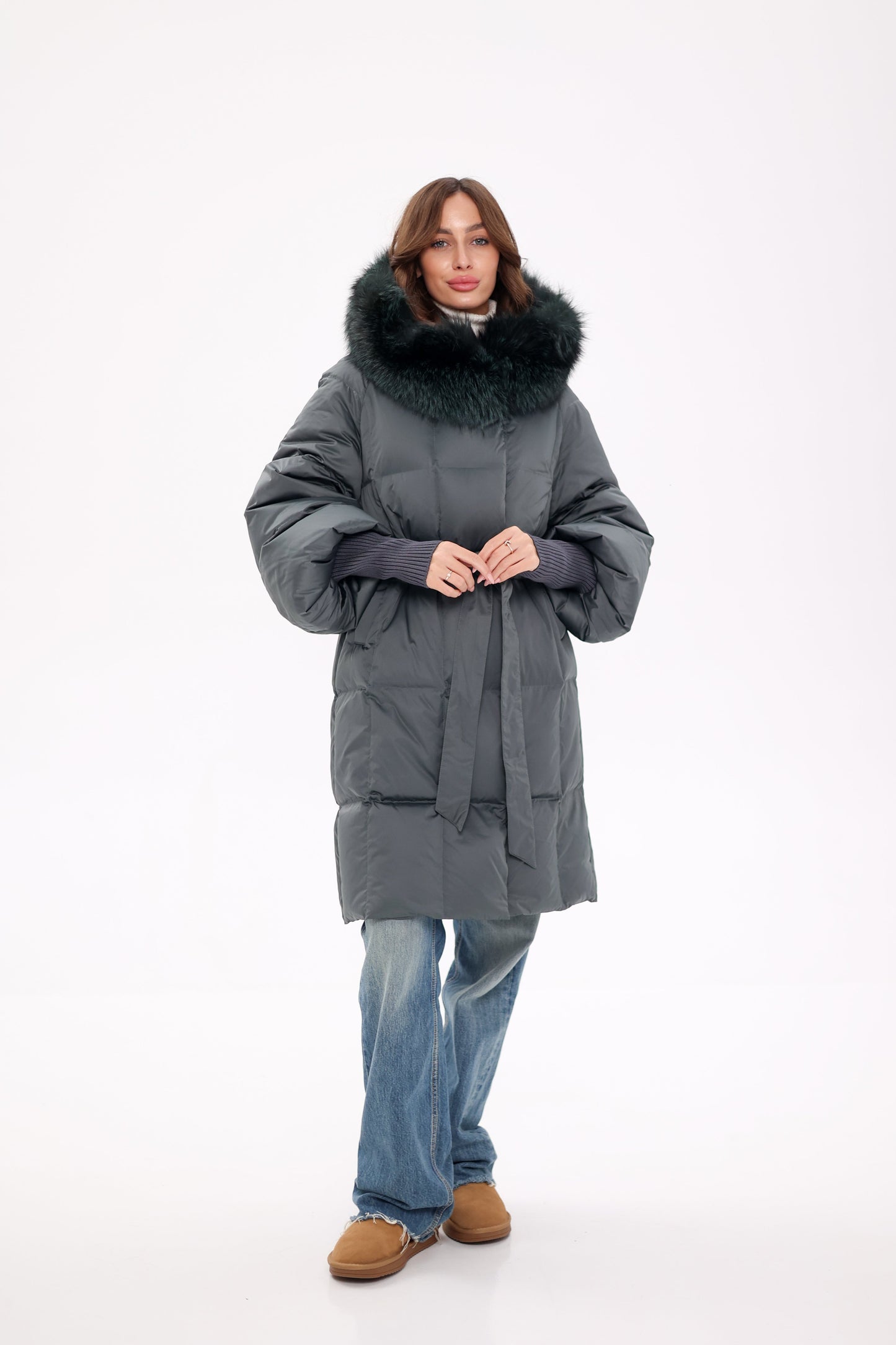 Genuine Silver Fox Fur Trim Down Coat in Forest Slate
